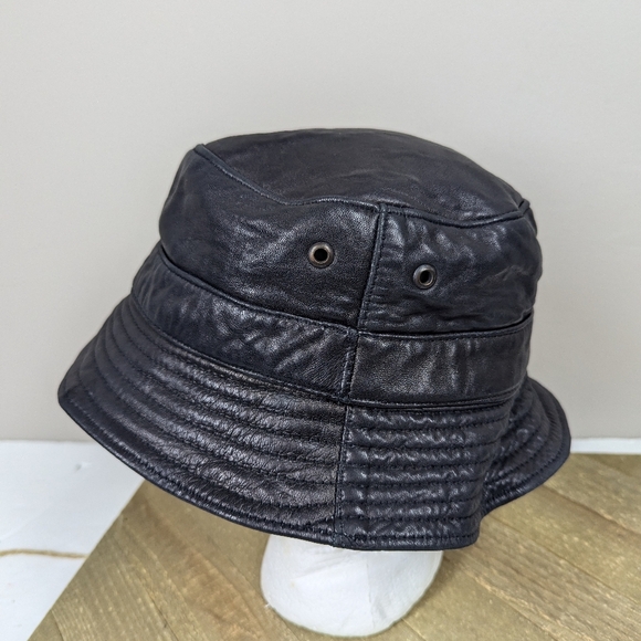 Vintage black leather bucket hat size 23.5  90s - Picture 5 of 9